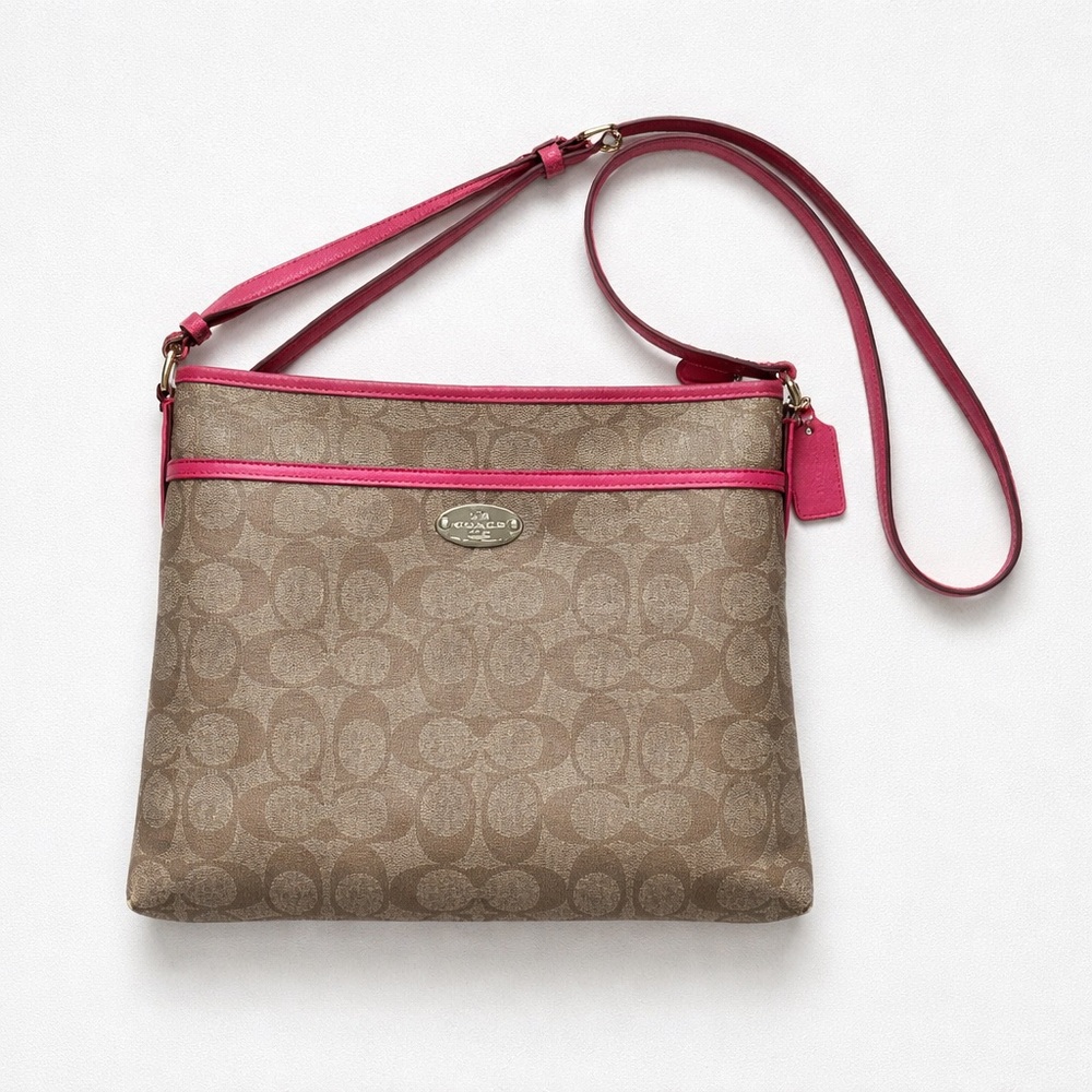 Vintage Coach signature canvas crossbody bag magenta pink trim-As is restoration